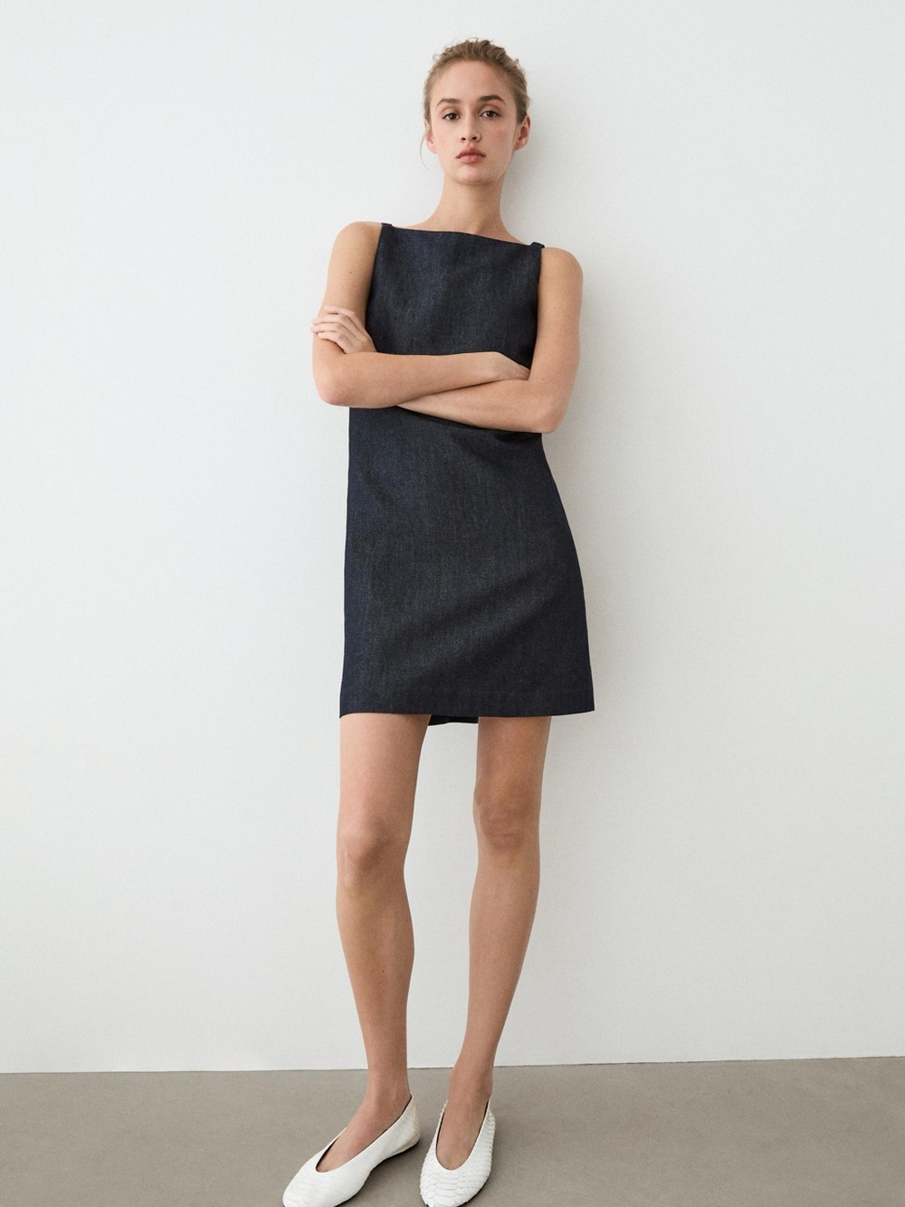 ZARA Denim Mini Dress Dark Wash Low Back Cotton Indigo L Large